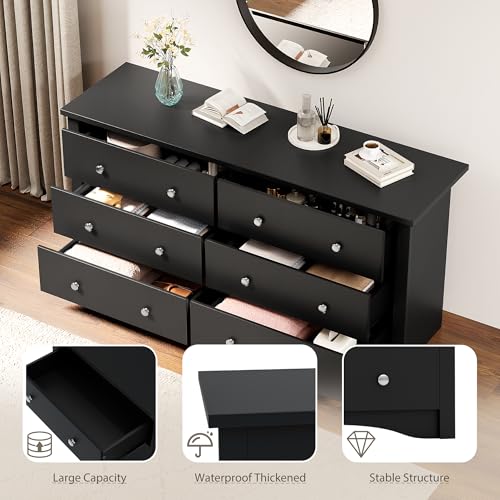 Shahoo Wood Dresser for Bedroom, Wide Chest of Drawers with 6 Drawers,Storage Tower Unit, Modern Closet Store Organizer for Living Room, Hallway (Black) Shahoo