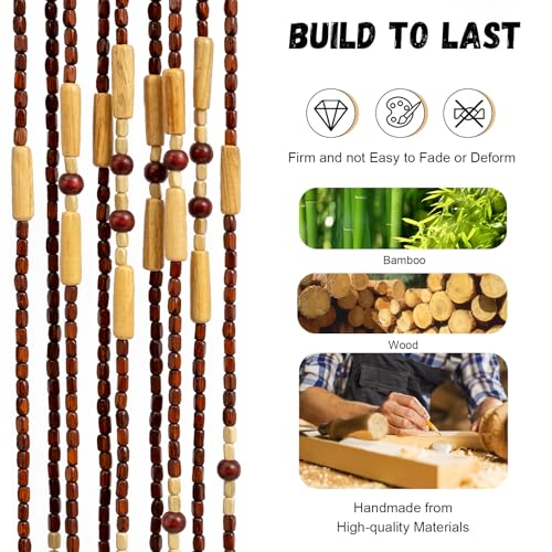 DouSeiAi Natural Wood and Bamboo Beaded Curtain Room Divider, 32 Strands Hanging Doorway Decor for Bedroom, Porch, Living Room, 35 x 69 Inches DouSeiAi