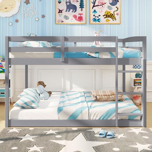 Giantex Full Over Full Bunk Bed, Solid Wood Kids Bunk Bed with Full-Length Guardrails, Integrated Ladder & Anti-Tippling Kits, Low Bunk Beds with Slats Support for Kids, Teens, Grey Giantex