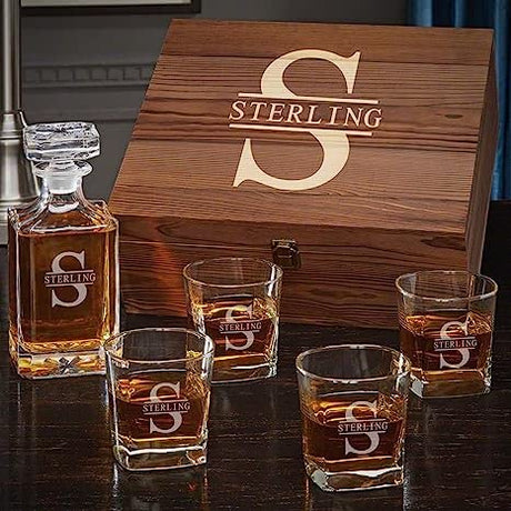 Personalized Whiskey Decanter Set with Wood Gift Box - Custom Bourbon and Scotch Gift Boxed Set HomeWetBar