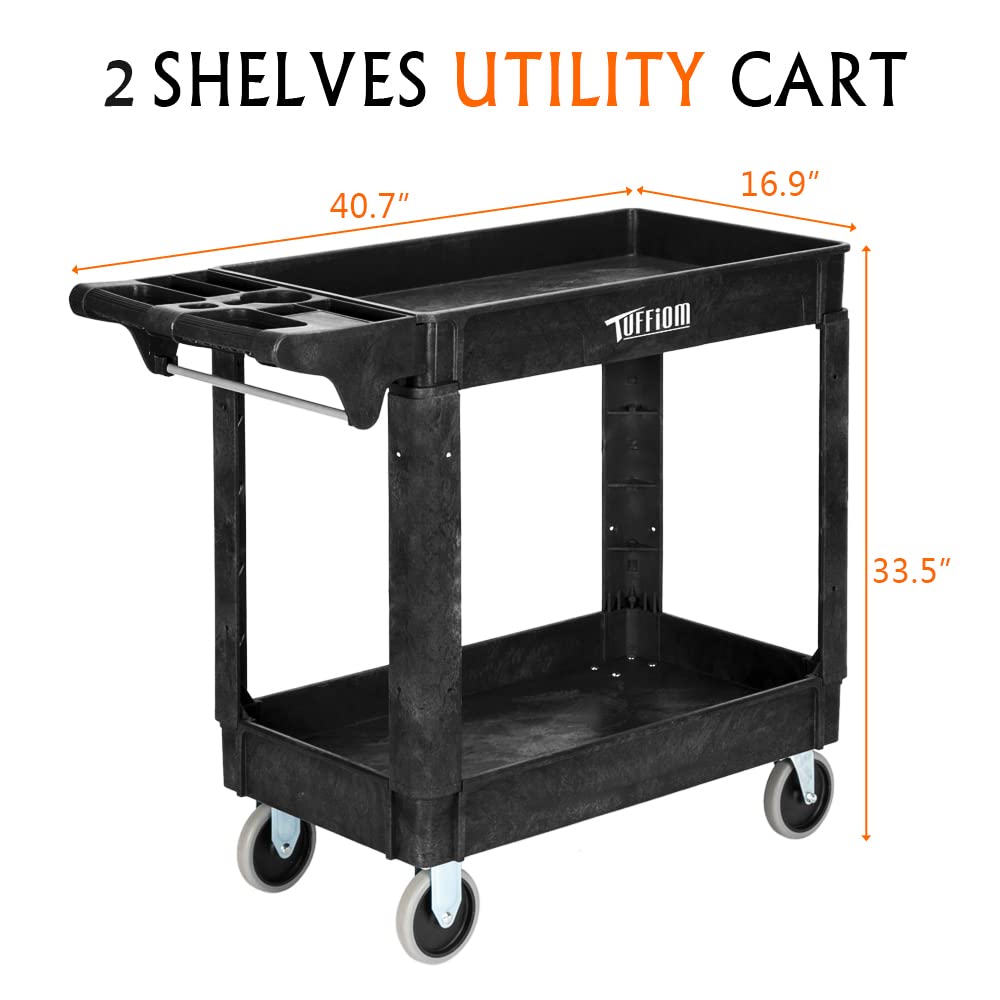 TUFFIOM Plastic Service Utility Cart with Wheels, 550lbs Capacity Heavy Duty Tub Storage Cart W/Deep Shelves, Multipurpose Rolling 2-Tier Mobile - WoodArtSupply