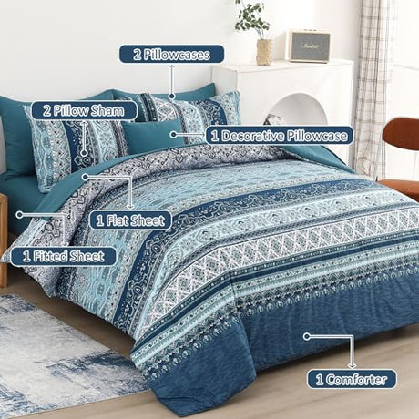 Cottolester Boho Blue Comforter Set Queen Size 8 Pieces,Teal Blue Comforter Bohemian Striped Bed in A Bag,Soft Microfiber Bedding Set for All Seasons Cottolester