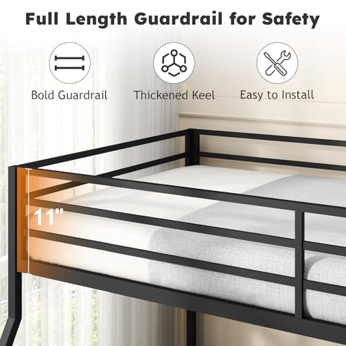 Zevemomo Twin Over Full Bunk Bed, Metal Low Profile Bunkbeds with Full-Length Guardrail and Ladder, Space Saving, No Boxing Spring Needed, Black Zevemomo