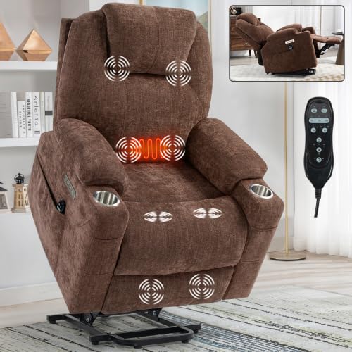 Dual Motor Power Lift Recliner Chair for Elderly,Heavy Duty 400 lbs, Oversized with Heat & Massage,Zero Gravity Lay Flat, Adjustable Lumbar Support, Electric Lift Assist Recliner (Brown+2 Cup) Anwick