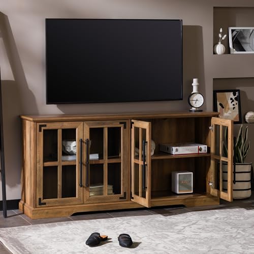 Walker Edison Farmhouse Barn Glass Door Wood Universal TV Stand for TV's up to 64" Flat Screen Living Room Storage Cabinet Doors and Shelves - WoodArtSupply