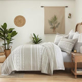 Qiqiong Boho Quilt Set Queen Size - 100% Cotton Boho Striped Quilt Bedding Set - Beige and White Bohemian Quilt Set with Shams 3 Piece - All-Season Lightweight Coverlet & Bedspread Set Qiqiong