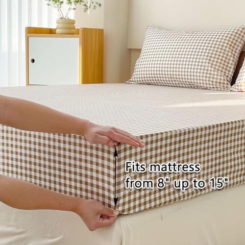NSNLGSGC Tan Gingham Full Sheet Set, Soft Brushed Microfiber Taupe Plaid Full Bed Sheets, 4-Pieces Brown Grid Sheet Set with Deep Pocket NSNLGSGC