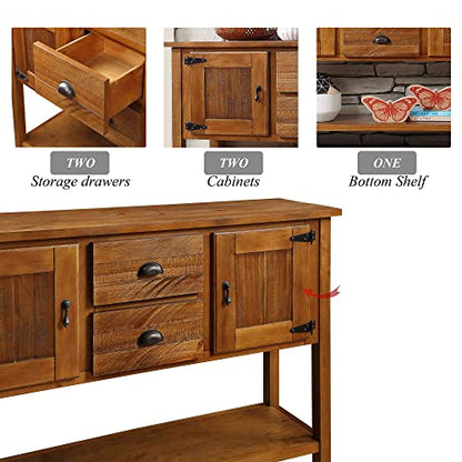 HZSSDTKJ 48'' Solid Wood Console Table Sideboard with 2 Drawers and Cabinets and Bottom Shelf, Retro Style Storage Dining Buffet Server Cabinet, for