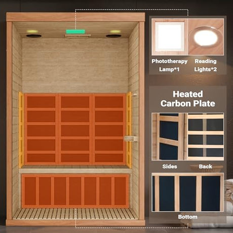 Polar Aurora 2- Person Infrared Sauna, Remotely Controllable Indoor Sauna, Low EMF 1500W/120V LCD Heater, WiFi & BT Control, 9-Color Light Therapy, Safe Flame-Retardant Material, Wood Polar Aurora