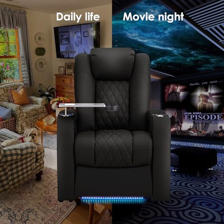 PBRO Home Theater Seating Top Grain Leather Recliner Chair, Movie Theater Chair Sofa with Power Reclining & Headrest USB Charger Ports Ambient Lighting, Black Single Seat for Home PBRO