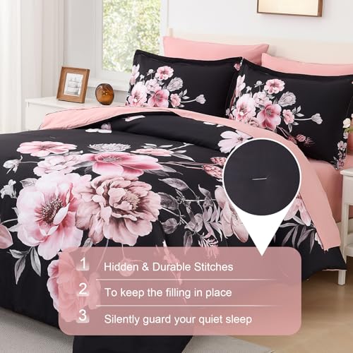 Floral King Size Comforter Set - 7 Piece Botanical Black and Pink Bed in a Bag Ulter Soft Microfiber Bedding Set, Lightweight Bed Comforter Set with Sheets for All Season (Black, King) LLDSYW