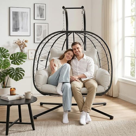Bifanuo Double Hanging Egg Chair with Stand, Outdoor Indoor Swing Chair with Removable Cushion for 2 Person, Heavy Duty 700LBS Capacity for Patio, Bedroom, Garden (Black-Beige) Bifanuo