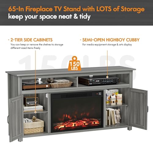 YESHOMY Fireplace TV Stand for Television up to 65+ Inch with Storage and Farmhouse Barn Doors, Entertainment Center with Cabinet and Shelves, Media Console for Living Room, Gray Wash YESHOMY