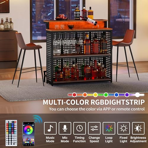 YITAHOME Rustic Brown Mini Home Bar Unit with Music-Sensing LED Lights and Storage Shelves YITAHOME