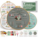 Bofoho 4 Pack Starter Embroidery Kit for Beginners – All-in-One Stitch Practice Kit with Simple Patterns, Learn 34 Embroidery Stitches with Step-by-Step Guide & Video, Craft Gift Adults & Teens