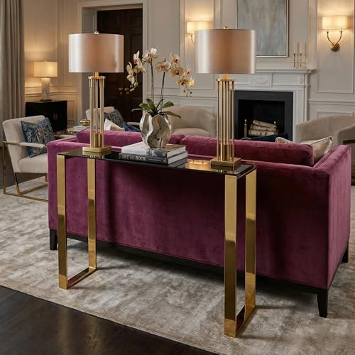 Cortesi Home Remini Narrow Contemporary Glass Console Table in Polished Gold Finish, Black Glass Cortesi Home