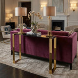 Cortesi Home Remini Narrow Contemporary Glass Console Table in Polished Gold Finish, Black Glass Cortesi Home