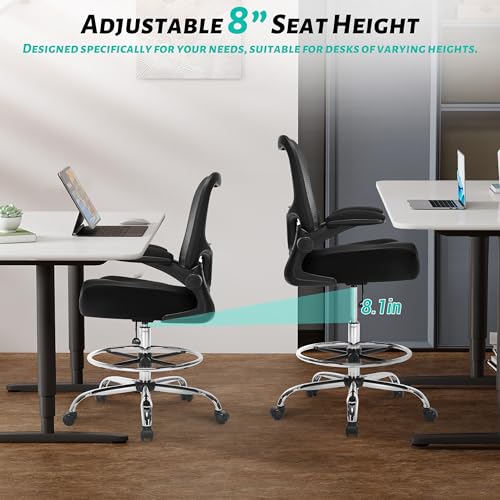 500LBS Ergonomic Drafting Chair Tall Office Chair for Counter Height or Standing Desk, Executive High Office Chairs with W-Shaped Thick Seat Cushion, Footrest Ring & Breathable Fabric, Black Sofetura