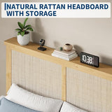 GAOMON Queen Size Rattan Bed Frame, Rattan Bed with LED Light & Natural Headboard, Boho, Storage Space Underneth, Sturdy Wooden Slats Support, No Box Spring Needed GAOMON