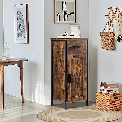 usikey Small Storage Cabinet, Narrow Cabinet with 1 Door and 1 Drawer, Industrial Side Cabinet with 2 Shelves, Nightstand, Small Cabinet for Living Room, Kitchen, Office, Brown usikey