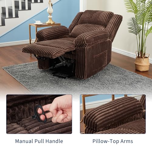 Garvee Corduroy Recliner Chair, Manual Recliner Sofa with Handle, Pillow Top Arms, Thick Padding, Side Pocket, 330Lbs Capacity, Adjustable Recliner for Living Room, Bedroom, Home Theater, Brown