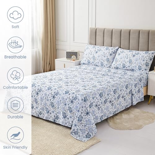 Mooreeke Queen Size Sheets Set - 4 Piece Soft Breathable Microfiber Bed Sheet Set - Blue & White Flower Pattern Sheet Set Queen - Deep Pocket Non-Slip Floral Fitted Sheet Included for All Season Mooreeke