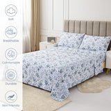 Mooreeke Queen Size Sheets Set - 4 Piece Soft Breathable Microfiber Bed Sheet Set - Blue & White Flower Pattern Sheet Set Queen - Deep Pocket Non-Slip Floral Fitted Sheet Included for All Season Mooreeke