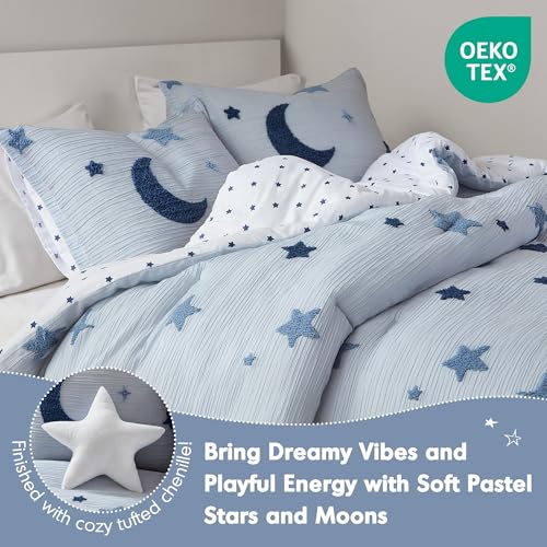 Intelligent Design Kids Cosmos Twin Size Comforter Set – Blue Star and Moon Tufted Chenille, Reversible 3-Piece Bedding with Star Pillow Intelligent Design