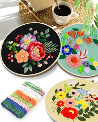 TINDTOP 5 Sets Embroidery Kit for Adults, Floral Embroidery Practice Kit for Beginners Include Embroidery Cloth Hoops Threads for Craft Lover Hand Stitch TINDTOP