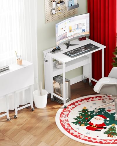 CHOEZON 31.5" Modern White Folding Computer Desk with Power Outlets, Wheels, Storage, Perfect for Small Spaces White TDN01UWB CHOEZON