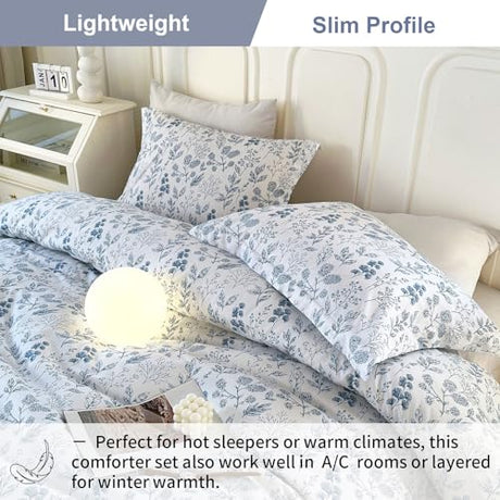 EAVD Queen Comforter Set White and Blue Floral Bedding Set for Women Soft Microfiber 3-Piece Vintage Garden Floral Comforter Set with 2 Pillowcases Botanical Bedding Set for All-Season EAVD