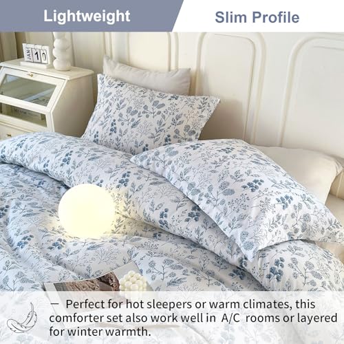 EAVD Blue Floral Comforter Set Twin/Twin XL White Soft Microfiber 3-Pieces Boho Botanical Flower Bedding Comforter Set for Girls with 2 Pillowcases Cute Fresh Botanical Bedding Set for All-Season EAVD