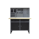 JZD Wood Top Workbench Tool Cabinet with 3 Pegboards and 22 Pieces Hooks & Tool Holders, Tabletop Steel Garage Workstation, Black & Grey JZD
