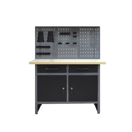 JZD Wood Top Workbench Tool Cabinet with 3 Pegboards and 22 Pieces Hooks & Tool Holders, Tabletop Steel Garage Workstation, Black & Grey JZD