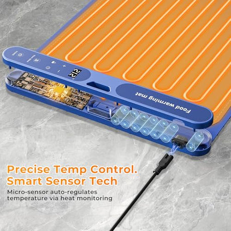 Warming Mat for Food Extra Large 32"x15", Electric Silicone Food Warmer Trays for Chafing Dishes & Buffet,Portable Countertop Food Warmers for Parties, 7-Level Temp 8-Hour Timer， Blue FJAU
