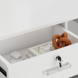 ECACAD Reception Desk with Lockable Drawer, Open Shelves & Keyboard Tray, Office Desk Reception Counter Table with Cabinet and Black Stickers, White (55.1”W x 43.3”D x 43.3”H) ECACAD