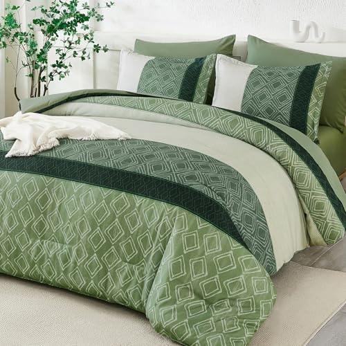 Dinjoy Green King Size Comforter Set,Striped Bed in a Bag King 7 Pieces Soft Microfiber Bedding Comforters Sets Boho Bed Complete Set for Summer All Season Dinjoy