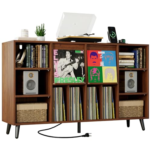 IRONCK Large Record Player Stand 55", Holds 600+ Vinyl Record Storage Cabinet with Charging Station, Mid Century Modern Turntable Stand for Living Room, Bedroom, Brown IRONCK