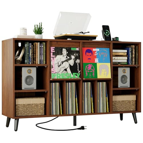 IRONCK Large Record Player Stand 55", Holds 600+ Vinyl Record Storage Cabinet with Charging Station, Mid Century Modern Turntable Stand for Living Room, Bedroom, Brown IRONCK