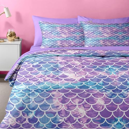 Nesker 5 Pcs Comforter Set Twin Size, Blue Purple Gradient Bedding for Kids Teen, Mermaid Scale Bedding Set with Pillowcase & Sham Nesker