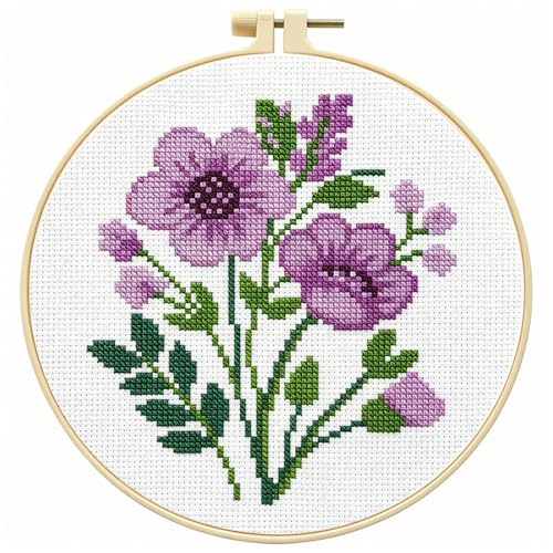 Zhenqing Purple Floral Bouquet Cross Stitch Kit for Beginners - 11CT 24x24cm Pre-Printed Pattern with Embroidery Hoop, Threads & Tools(70523)
