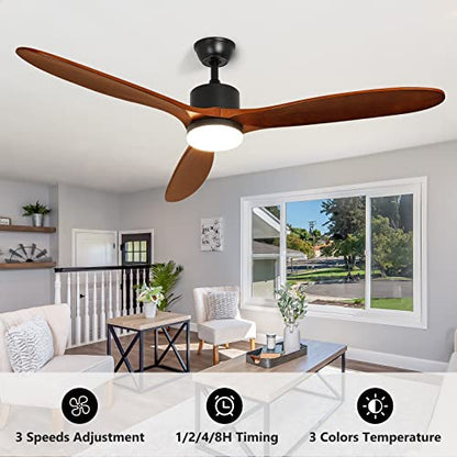 Depuley 52" Ceiling Fan with Lights Remote Control, Indoor Outdoor Ceiling Fan with 3 Solid Rubber Wood Blade, Noiseless AC Motor Wood Ceiling Fan for Living Room, Bedroom, Patio, Timer