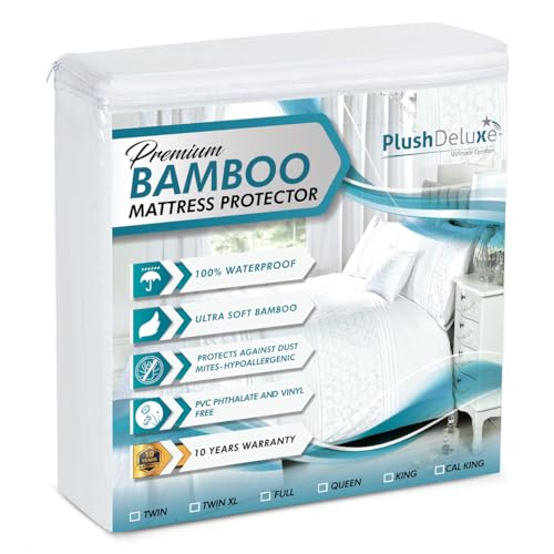 PlushDeluxe Premium Bamboo Mattress Protector – Queen Size, Waterproof, & Ultra Soft Breathable Noiseless Washable Bed Mattress Cover for Comfort & Protection - White PlushDeluxe