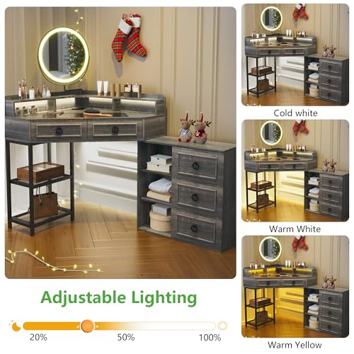 WOOVIVS Corner Vanity Desk with Lighted Rotating Mirror, Glass Top Makeup Table with 5 Drawers, Small Vanitys with Charging Station,Jewelry Organizers for Bedroom,Brown WOOVIVS
