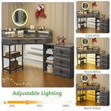 WOOVIVS Corner Vanity Desk with Lighted Rotating Mirror, Glass Top Makeup Table with 5 Drawers, Small Vanitys with Charging Station,Jewelry Organizers for Bedroom,Brown WOOVIVS