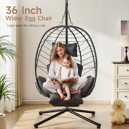 ONBRILL Hanging Egg Chair with Adjustable Footrest & Stand, Wicker Rattan Swing Hammock Chair with Cushion & Double Chains, 350LBS Capacity for Outdoor & Indoor Patio, Deck, Bedroom, Balcony (BL-GR)