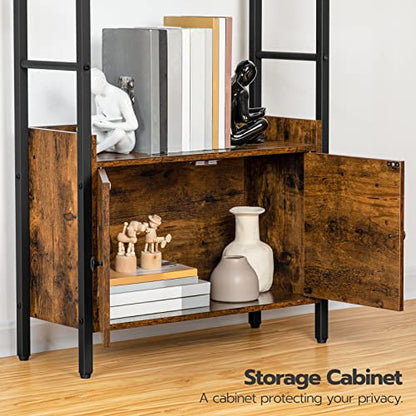 HOOBRO 4-Tier Bookshelf with Doors, Industrial Wooden Bookcase with Storage, Storage Shelf with Protective Rails, for Living Room, Home Office, Rustic Brown and Black BF46SJ01