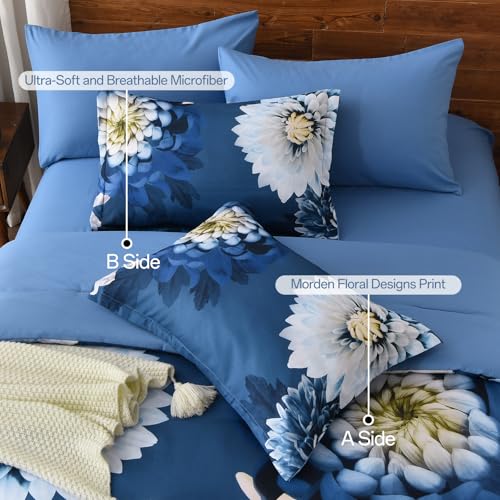 DJY Comforter Set Queen Size, 7 Piece Grey Blue Floral Comforter Set with Sheets Elegant Flower Print Bed in a Bag Soft Microfiber Complete Bedding Set for All Season DJY