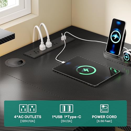 DWVO U Shaped Desk with Drawers, Gaming Desk with Power Outlets & LED Lights, Wood Computer Desk Home Office Desks with Storage Shelves, Black Carbon Fiber DWVO