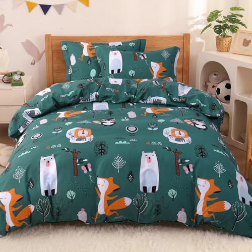 JSD Green Forest Animal Kids Duvet Cover Set Queen Size, 3 Piece Soft Printed Microfiber Comforter Cover with Pillow Sham Zipper Closure, Comforter Not Included JSD
